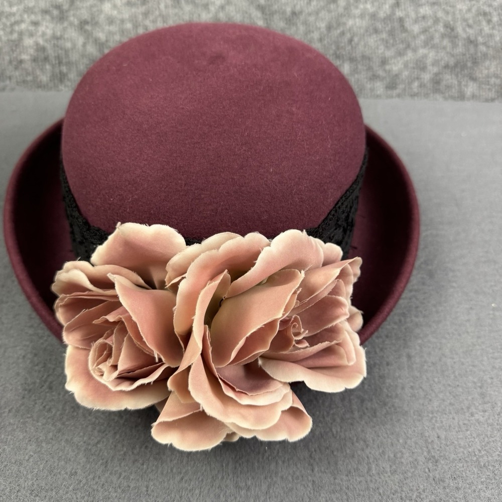 Vintage 100% Wool Felt Cloche Hat Burgundy Wine Black Lace Floral Accent - Picture 4 of 9